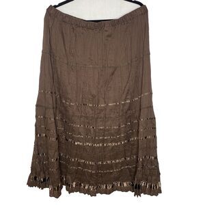 Rafaella Tiered Midi Skirt Eyelet Ribbon Detail Boho Flowy Cotton Size L Brown